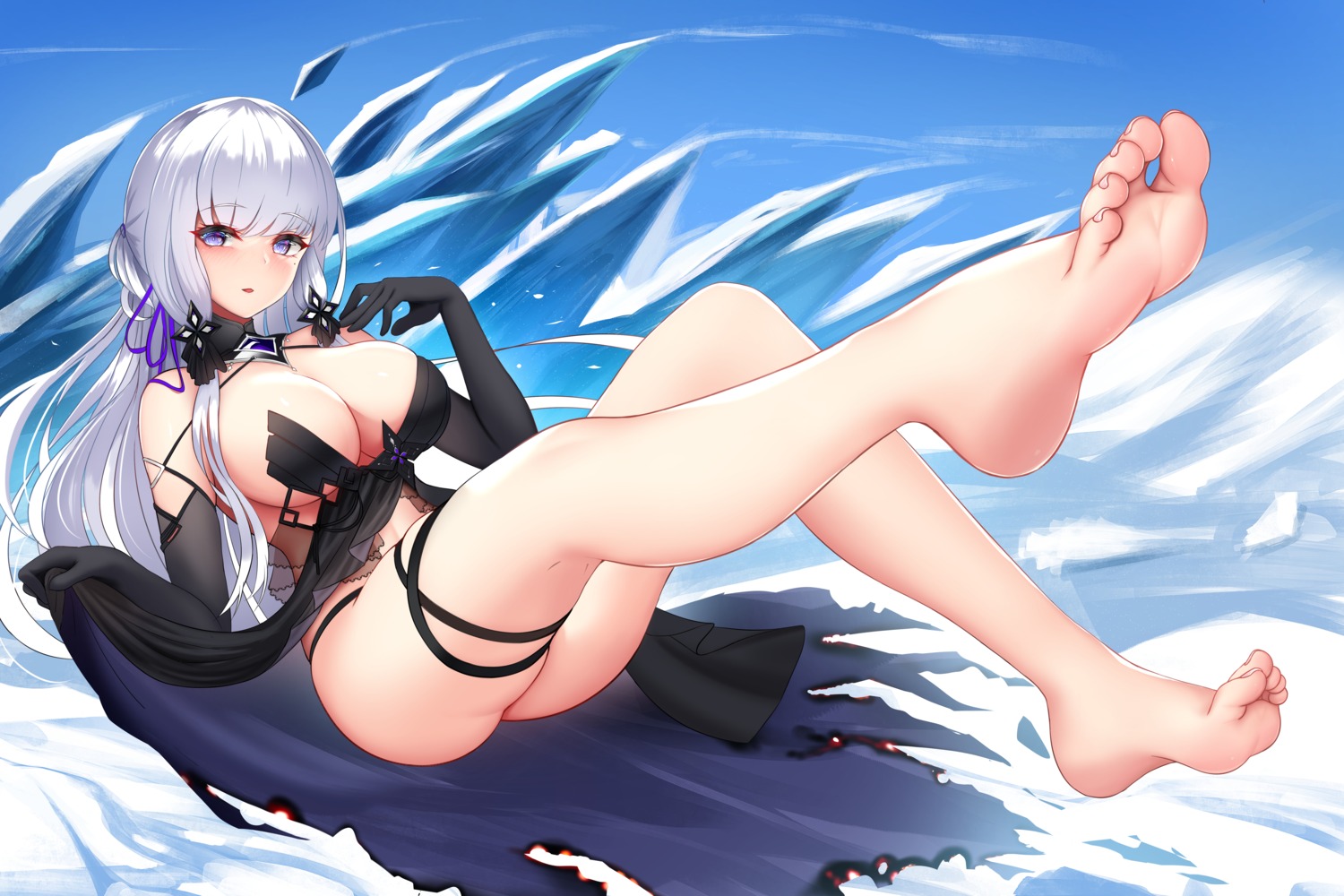 azur_lane damao_yu dress feet garter illustrious_(azur_lane) no_bra pantsu see_through skirt_lift thong torn_clothes