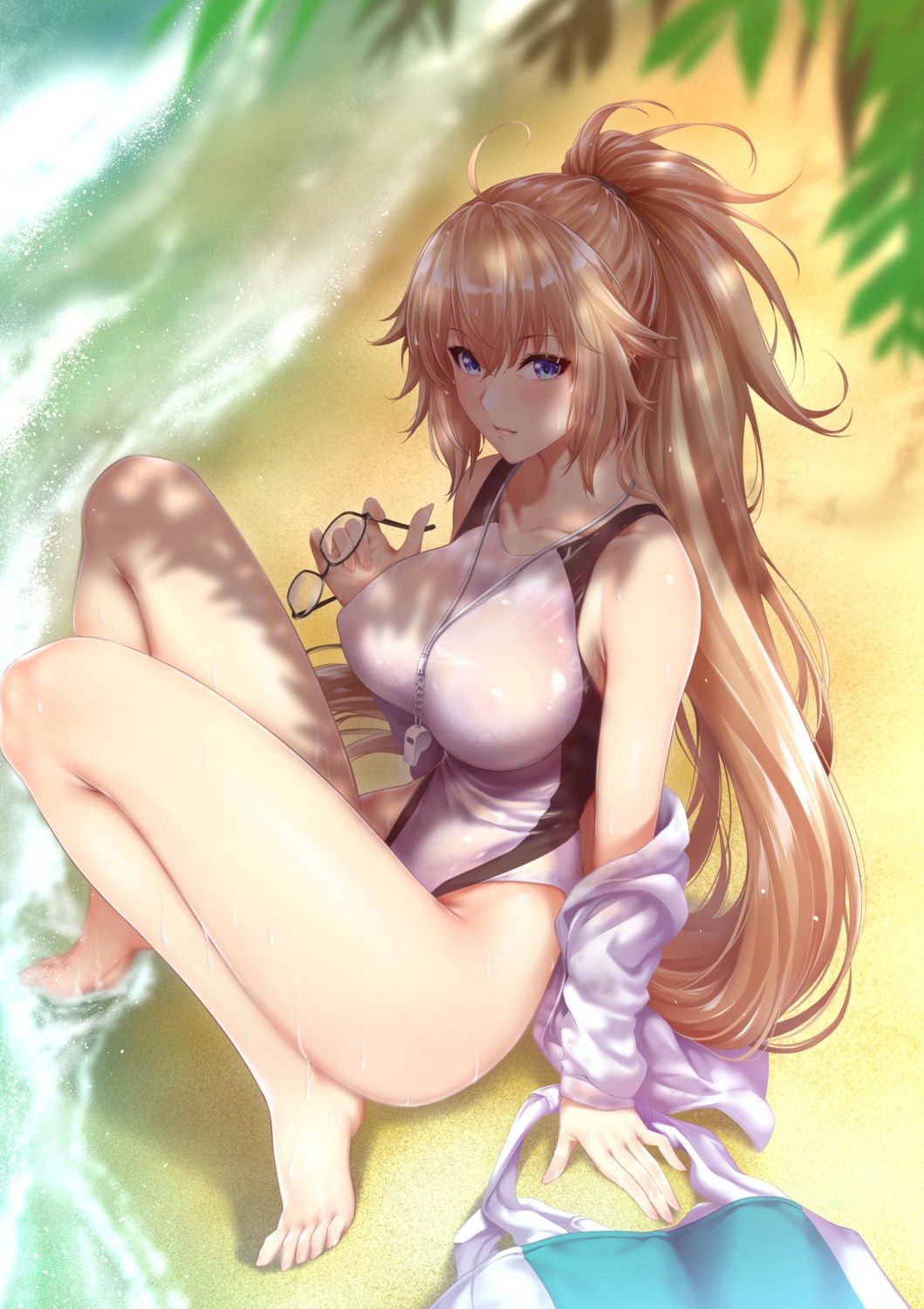 erect_nipples fate/grand_order feet jeanne_d'arc jeanne_d'arc_(fate) megane open_shirt see_through swimsuits wet zucchini