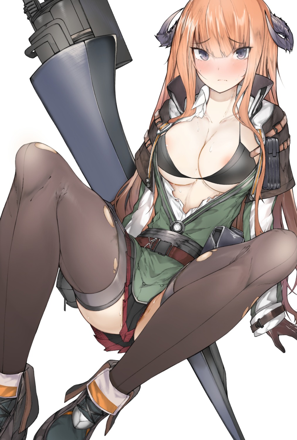 areola arknights bagpipe_(arknights) bikini_top ekuesu horns open_shirt skirt_lift swimsuits thighhighs torn_clothes