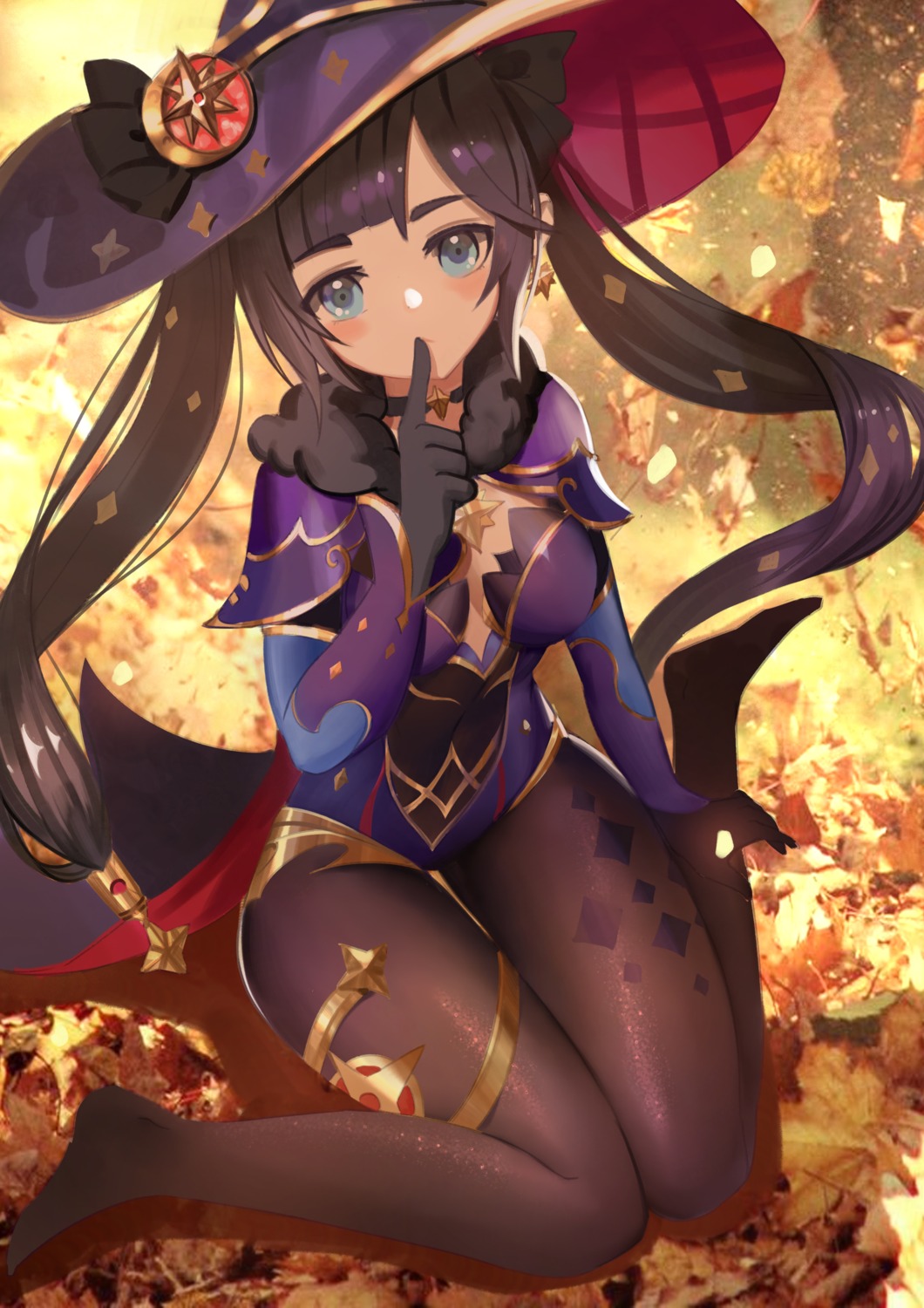 biandu_youdushi cleavage garter genshin_impact leotard mona_megistus no_bra pantyhose witch