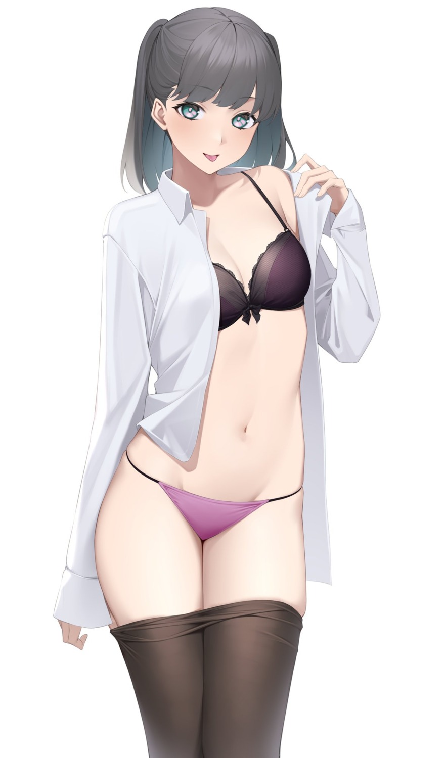 bra dress_shirt kuen_(kuennn12) open_shirt pantsu pantyhose undressing