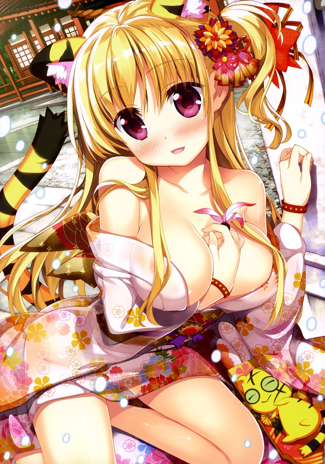 animal_ears areola breast_hold fujima_takuya no_bra nopan open_shirt see_through tail yukata