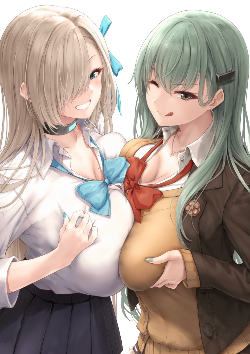 blue_archive breast_hold cleavage crossover ichinose_asuna kantai_collection open_shirt seifuku suien suzuya_(kancolle) sweater symmetrical_docking