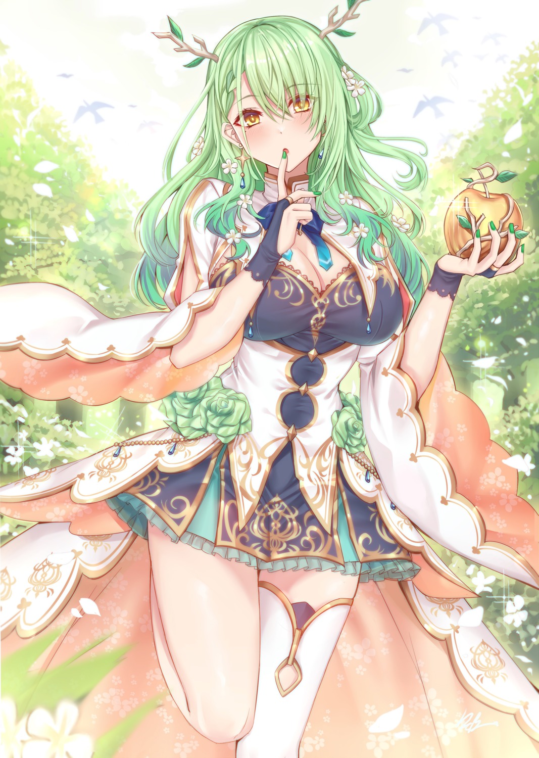 ceres_fauna cleavage dress hololive hololive_english horns thighhighs tsang_yu_chun