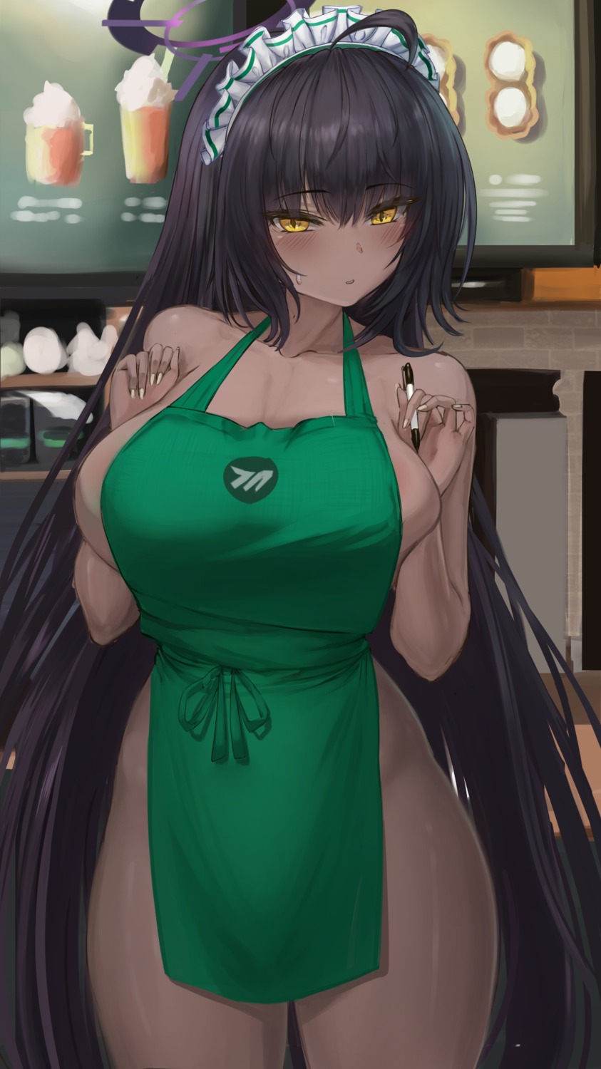 areola artist_revision b-pang blue_archive halo kakudate_karin maid naked_apron