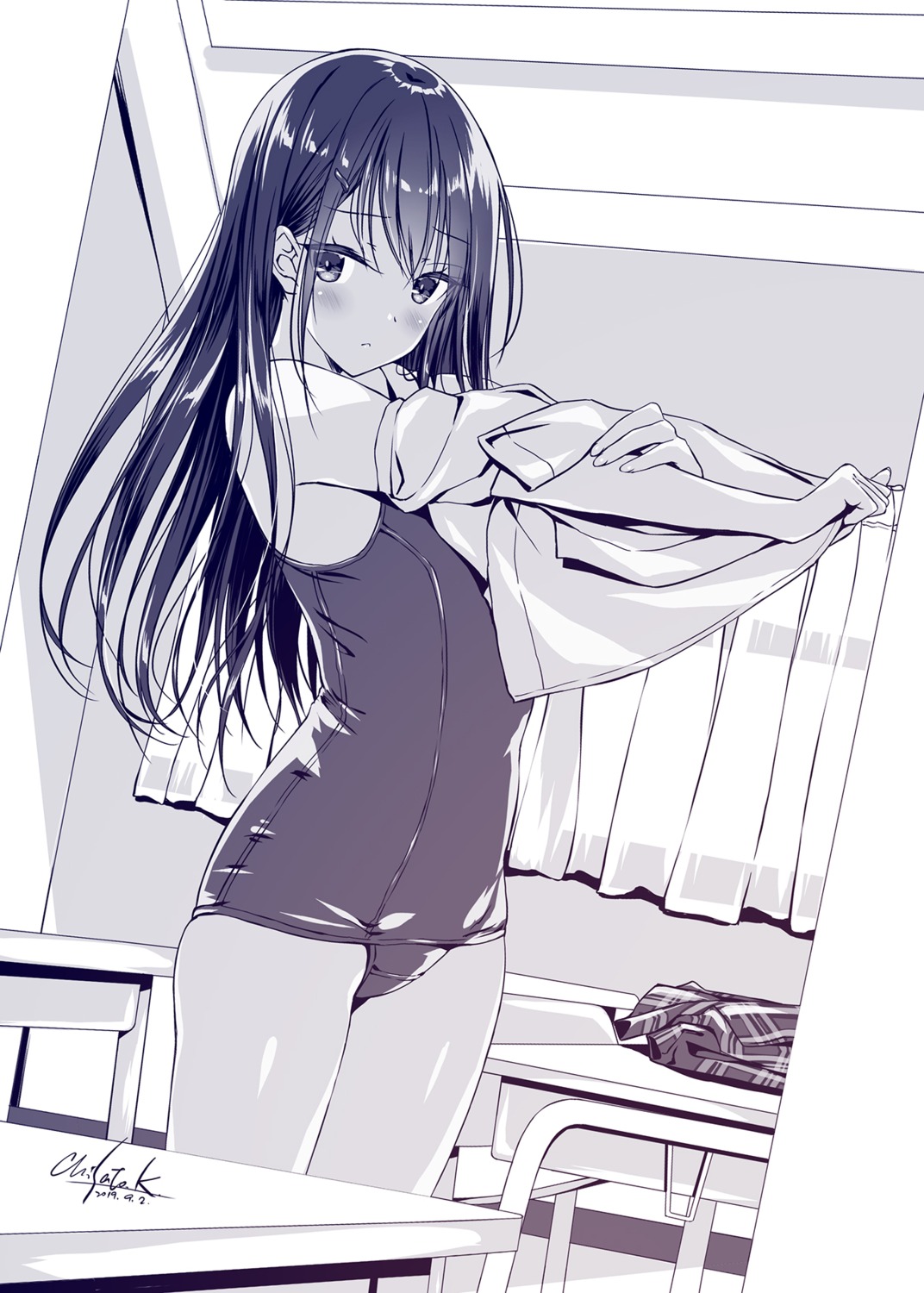 kobayashi_chisato monochrome school_swimsuit swimsuits undressing