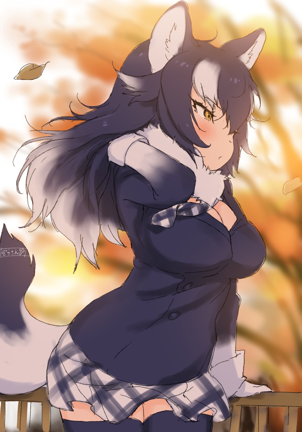 animal_ears cleavage grey_wolf kemono_friends seifuku sketch tagme tail thighhighs