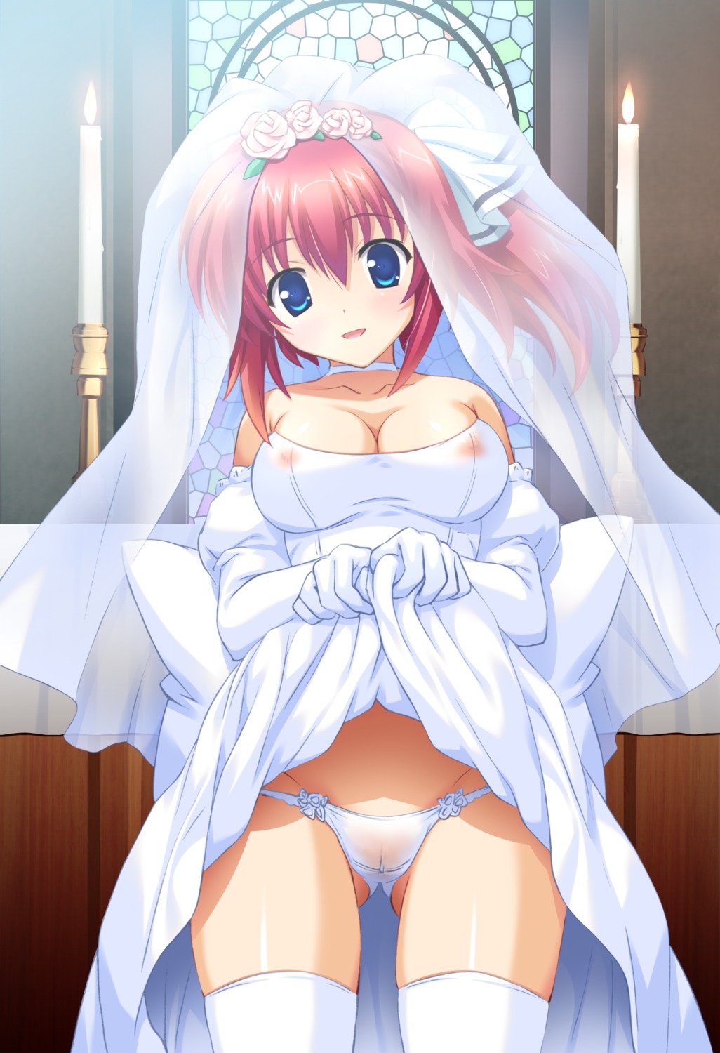 cameltoe digital_version dress lovebride_eve mutsumi_masato nipples no_bra pantsu see_through skirt_lift thighhighs wedding_dress whitesoft