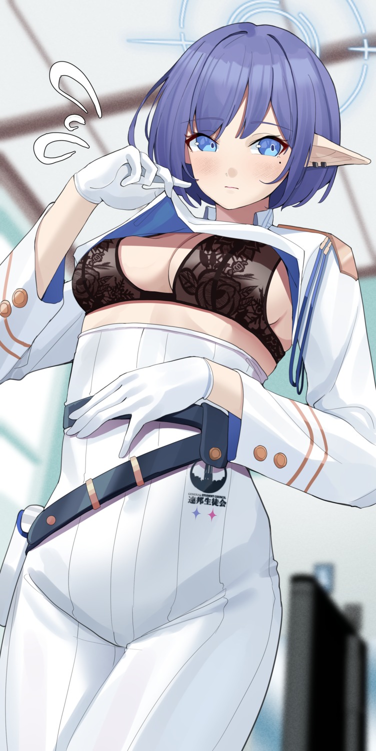 blue_archive bra haerge halo oki_aoi pointy_ears shirt_lift uniform