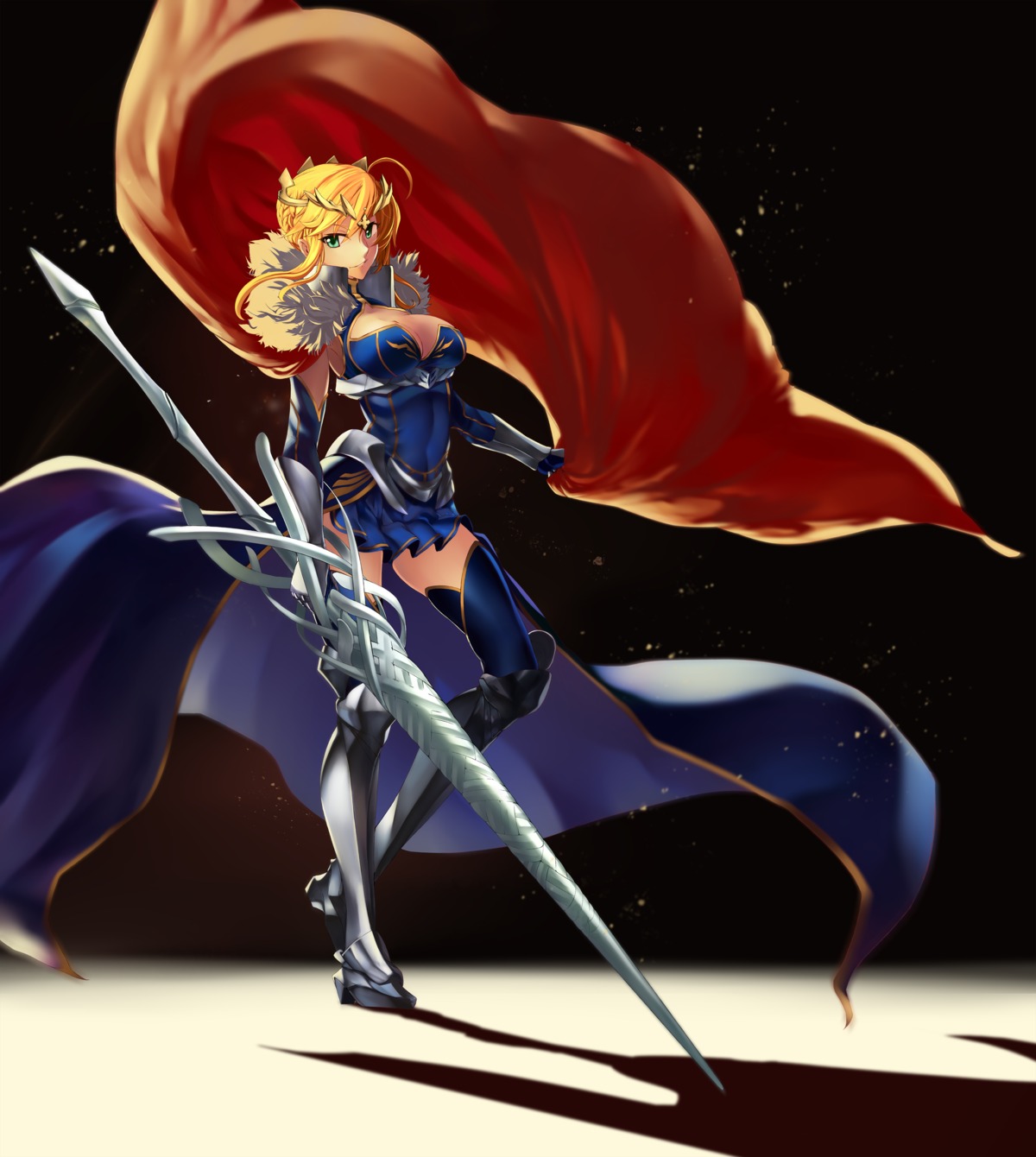 armor artoria_pendragon_(lancer) cleavage fate/grand_order heels seratin1 thighhighs weapon