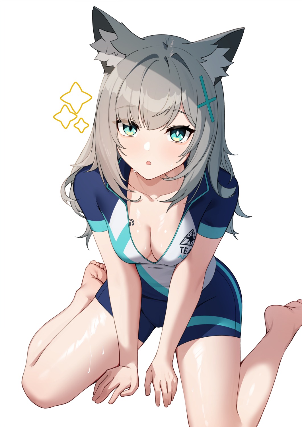 animal_ears bike_shorts blue_archive cameltoe cleavage ett nekomimi no_bra open_shirt sunaookami_shiroko tattoo