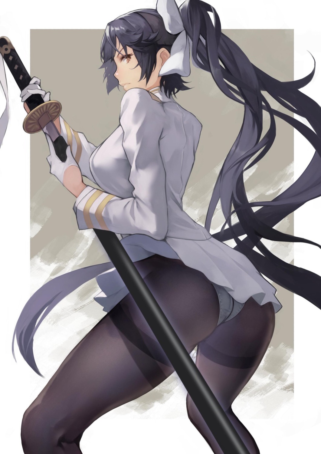 ass azur_lane pantsu pantyhose sword takao_(azur_lane) thong uniform yoshio_(55level)