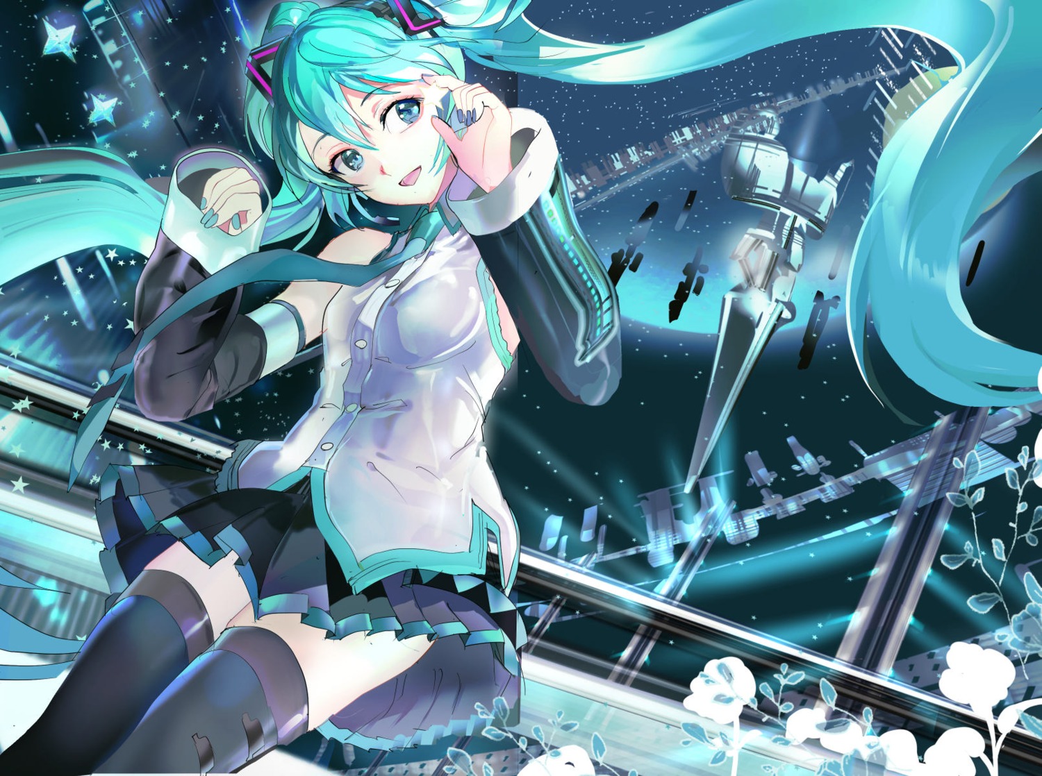 119 hatsune_miku skirt_lift thighhighs vocaloid