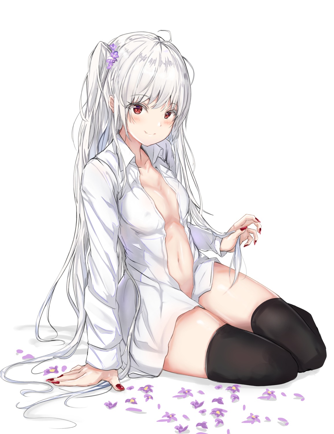 bottomless dress_shirt erect_nipples na_kyo no_bra open_shirt thighhighs