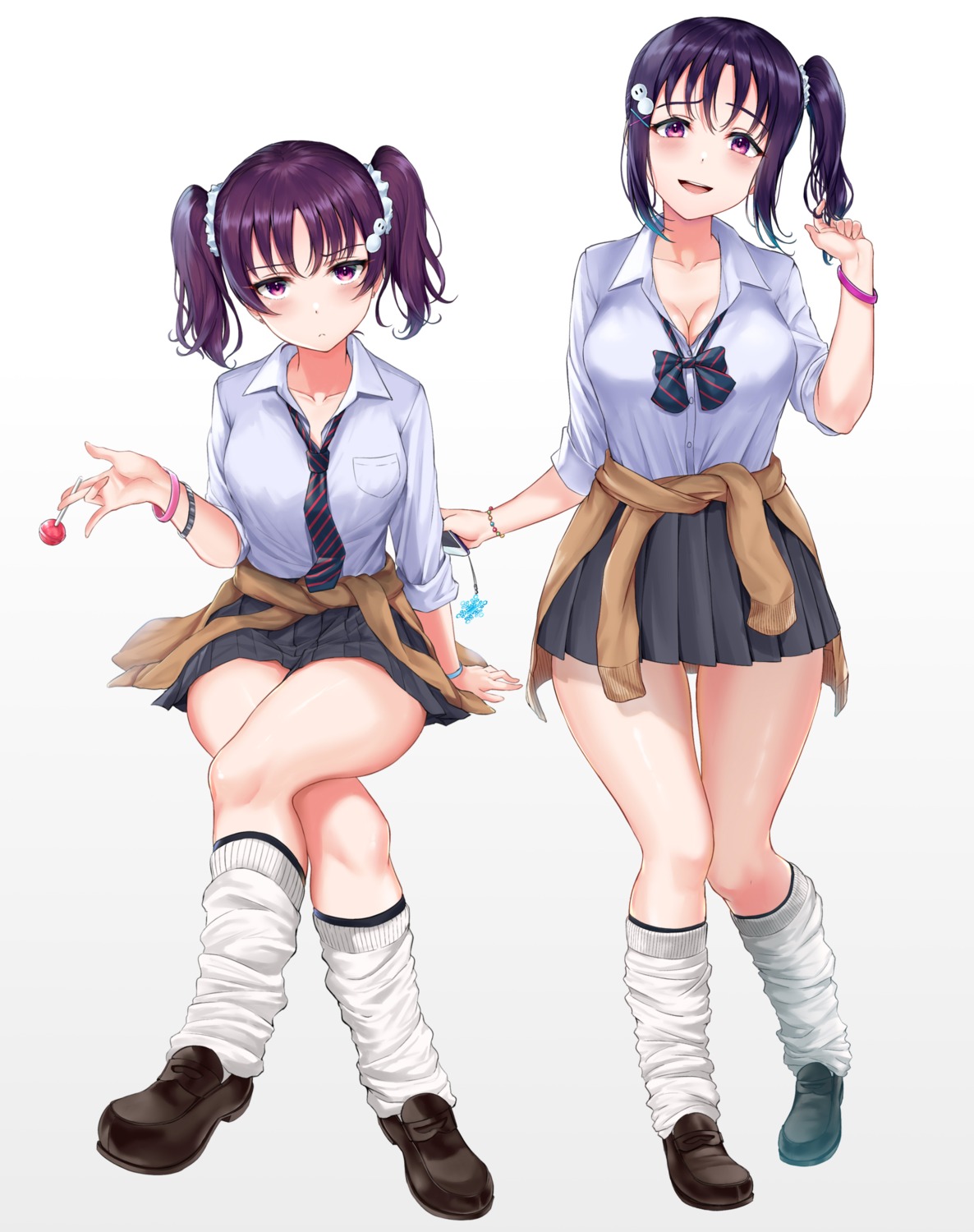 cleavage kazuno_ria kazuno_sarah love_live!_sunshine!! open_shirt rama_(yu-light8) seifuku skirt_lift sweater