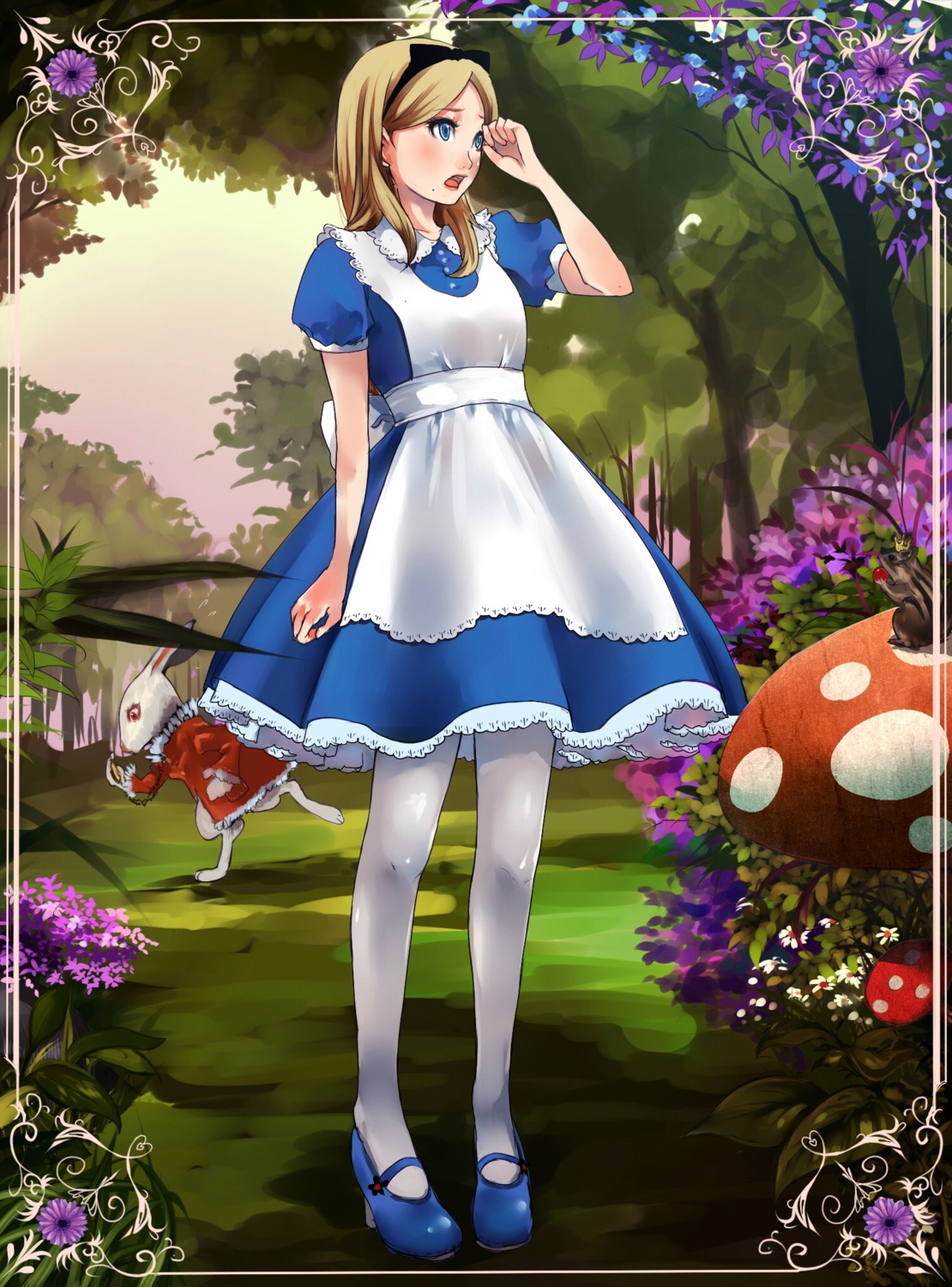alice alice_in_wonderland dress pantyhose shigureteki white_rabbit