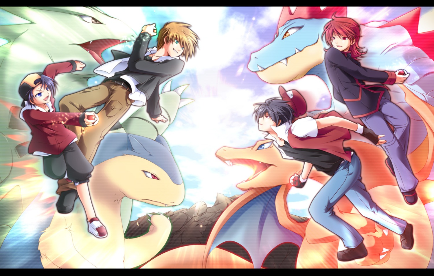 charizard feraligatr hibiki_(pokemon) male mao_(core) monster ookido_green_(pokemon) pokemon pokemon_hgss red_(pokemon) silver_(pokemon) typhlosion tyranitar