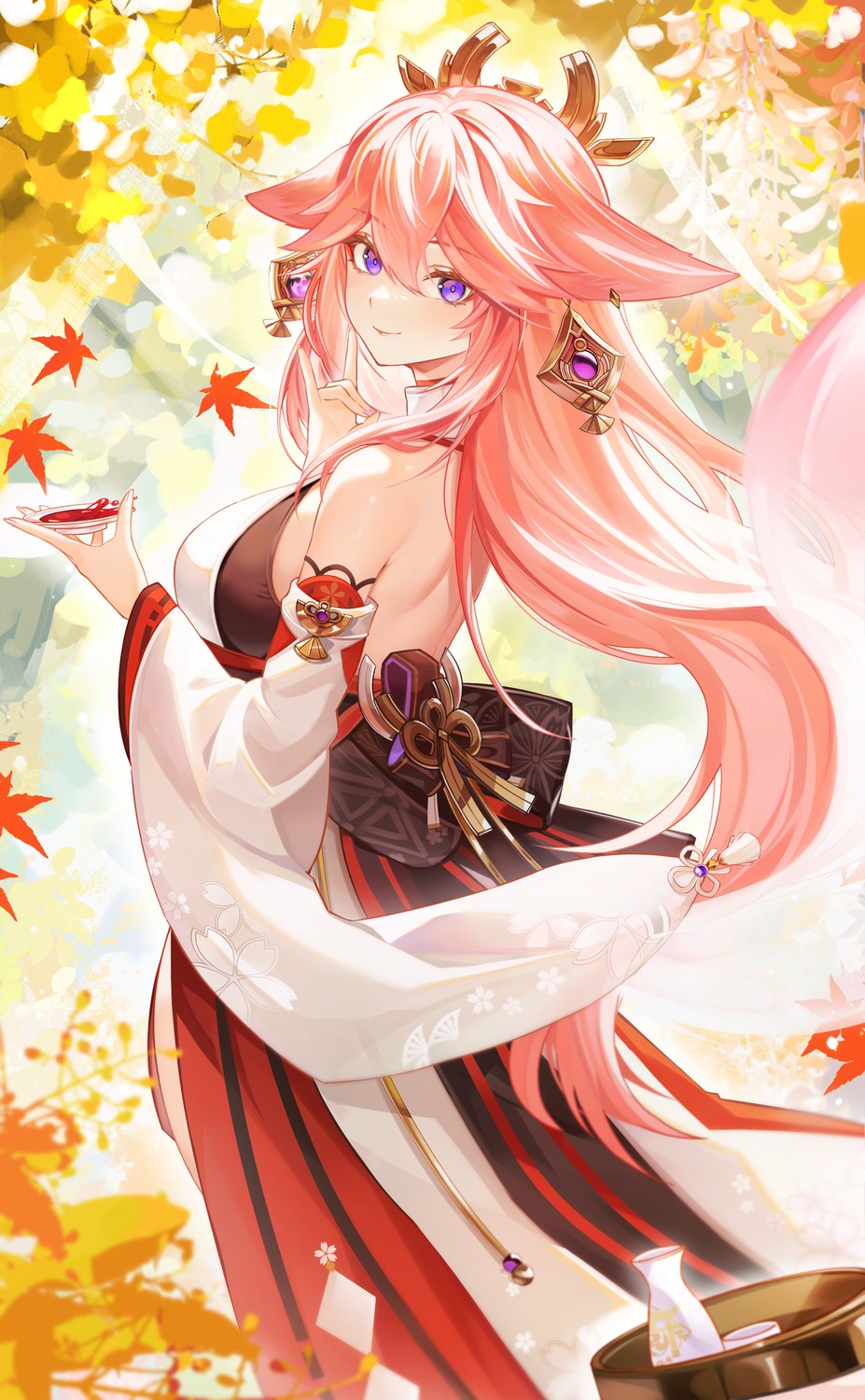 animal_ears chen_ying_(alan-yut) genshin_impact japanese_clothes kitsune no_bra sake yae_miko