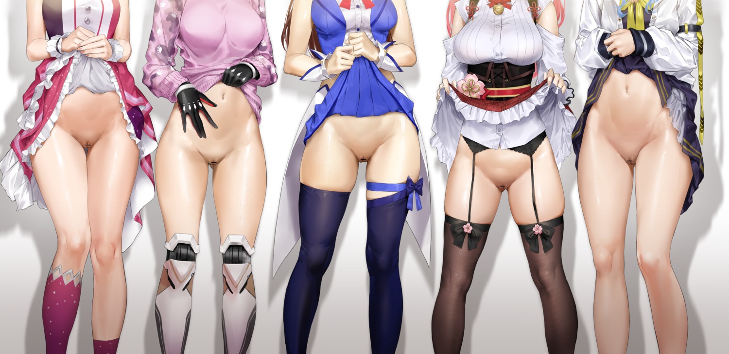 azki_(hololive) censored garter garter_belt hololive hoshimachi_suisei kuroi_suna mecha_musume nopan pussy roboco-san sakura_miko shirt_lift skirt_lift stockings sweater thighhighs tokino_sora undressing