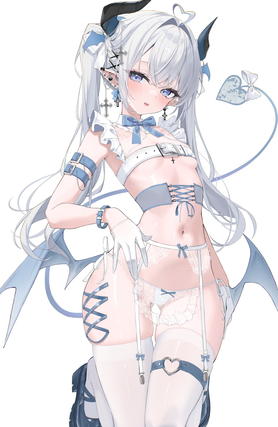 detexted devil garter garter_belt horns loli mirea no_bra pointy_ears see_through stockings tail thighhighs thong wings