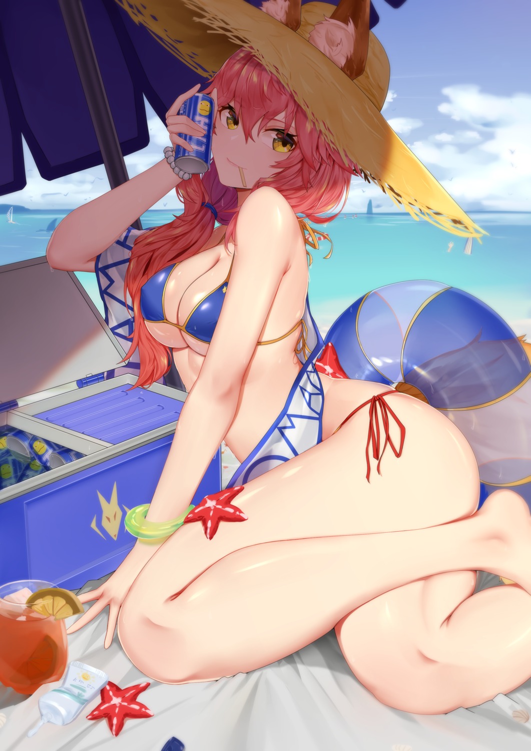 animal_ears bikini cleavage erect_nipples fate/grand_order huyou_xia swimsuits tail tamamo_no_mae underboob