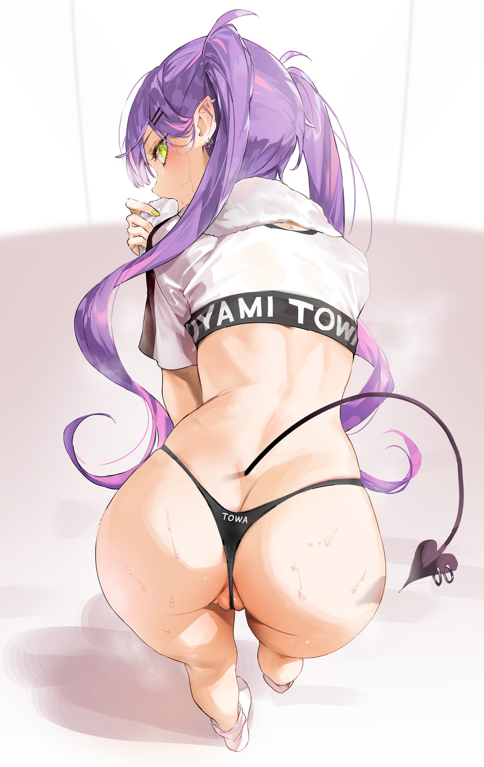 ass hololive kuroi_suna pantsu pointy_ears see_through tail thong tokoyami_towa