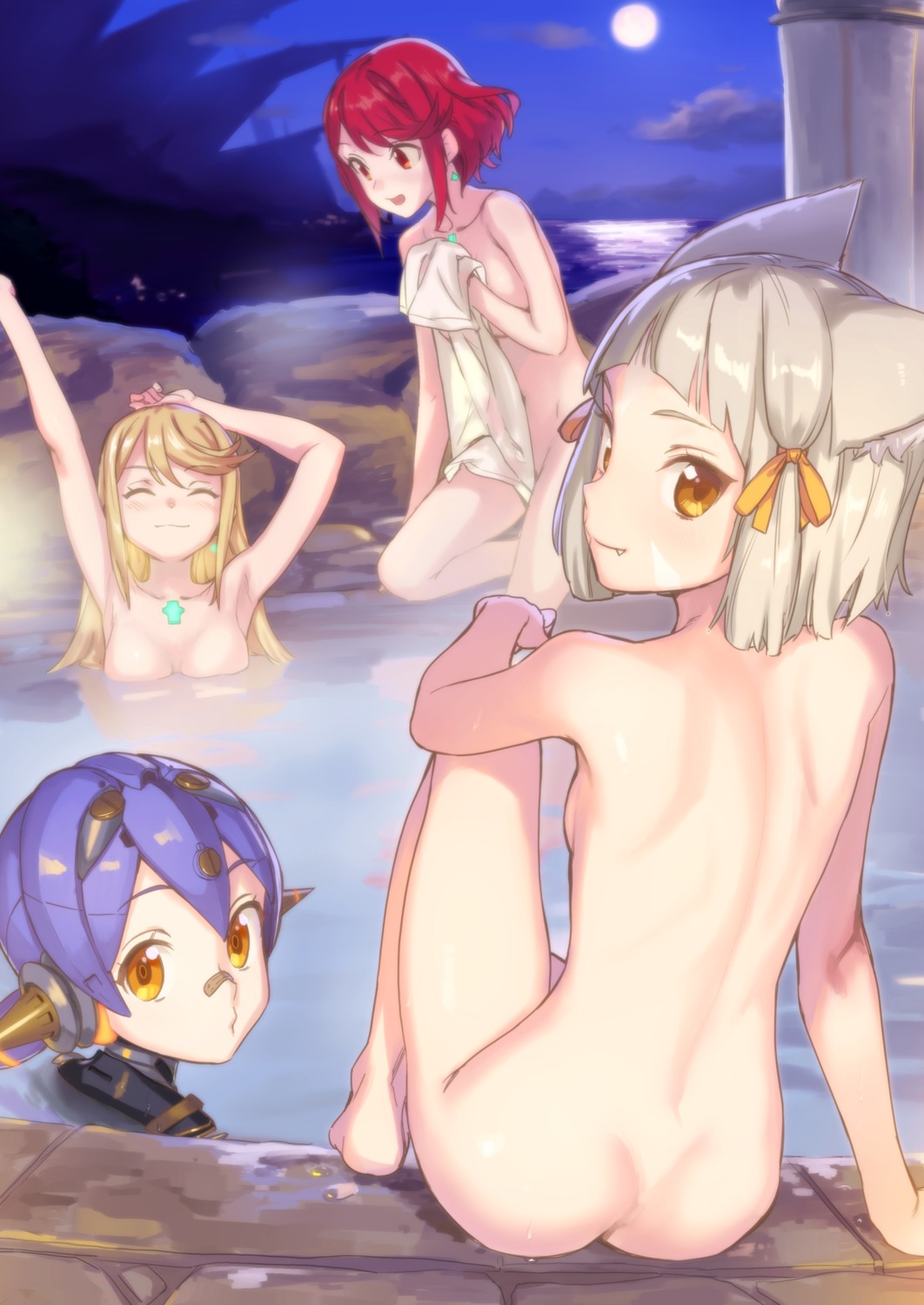 animal_ears ass bandaid bathing breast_hold hana_(xenoblade_2) hikari_(xenoblade_2) homura_(xenoblade_2) kawakami_rokkaku naked niyah onsen towel wet xenoblade