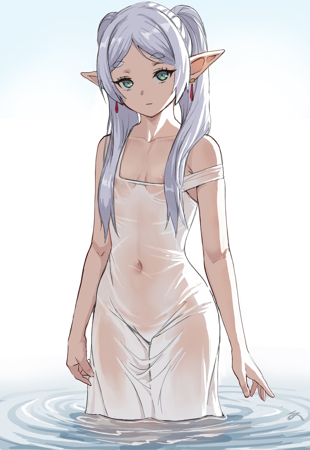 areola dress elf frieren no_bra pointy_ears see_through sousou_no_frieren wet wet_clothes zefrableu