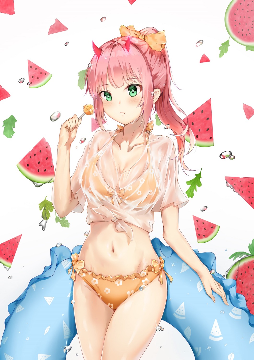 bikini darling_in_the_franxx horns see_through swimsuits wet_clothes zero_two_(darling_in_the_franxx)