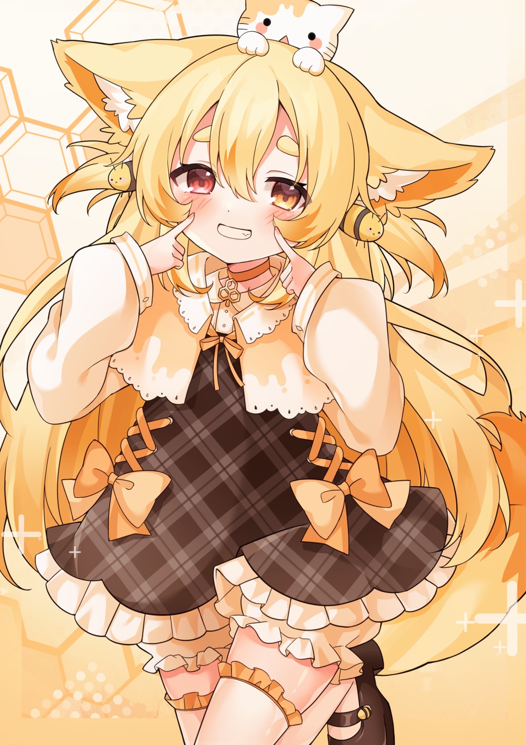 animal_ears bloomers dress hachimitsu_necol heterochromia indie_virtual_youtuber kitsune mimikkyu_(mimikyunosub) skirt_lift tail thighhighs