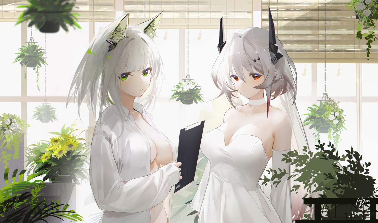 animal_ears arknights dress dress_shirt horns kal'tsit_(arknights) no_bra omone_hokoma_agm open_shirt theresa_(arknights) wedding_dress