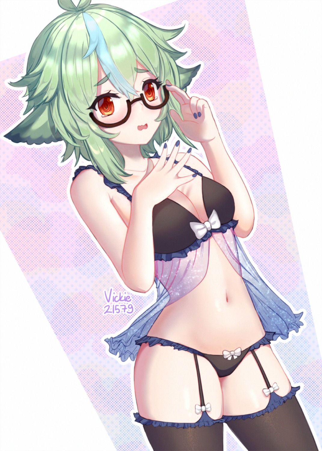 animal_ears bra cleavage genshin_impact lingerie megane pantsu see_through stockings sucrose thighhighs vickie_(cryingrobot)