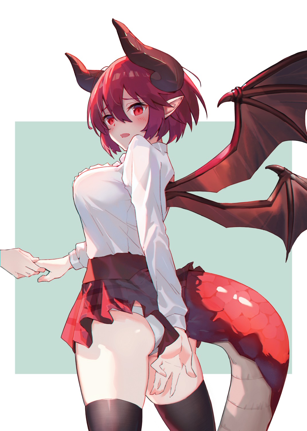 ass granblue_fantasy grea horns manaria_friends pantsu pointy_ears seifuku shingeki_no_bahamut skirt_lift tail thighhighs wings yousan