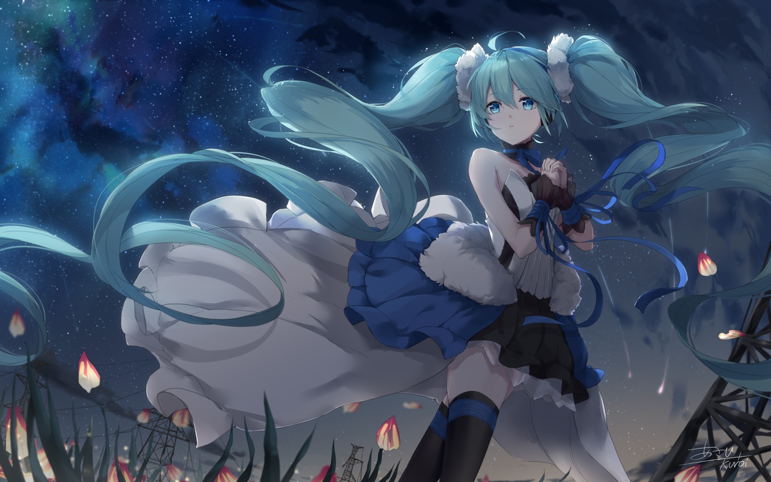 7th_dragon asahi_kuroi dress hatsune_miku headphones skirt_lift thighhighs vocaloid