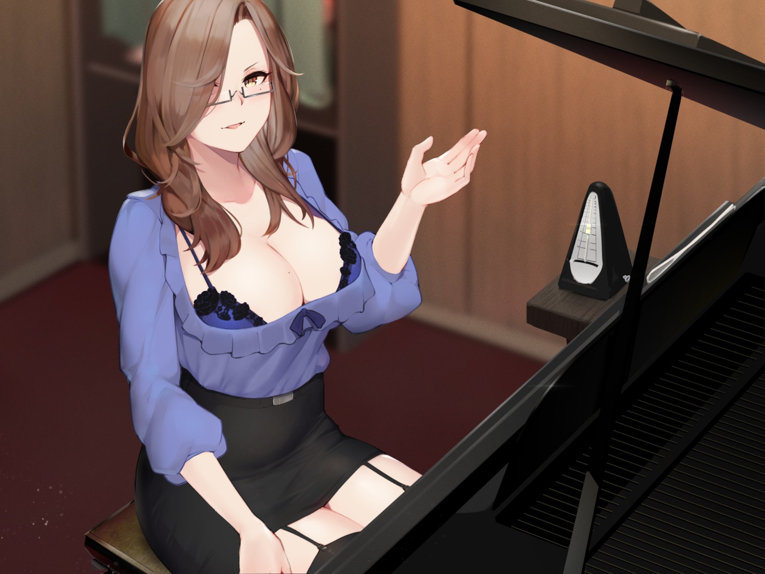 bra cleavage hayabusa megane open_shirt stockings thighhighs