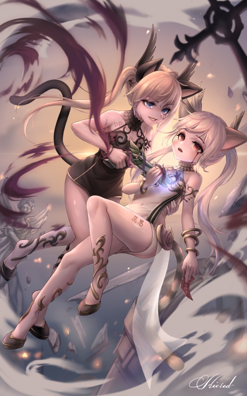 animal_ears blade_&_soul blood gun kie_(wylee2212) lyn_(blade_&_soul) nekomimi tail tattoo yuri