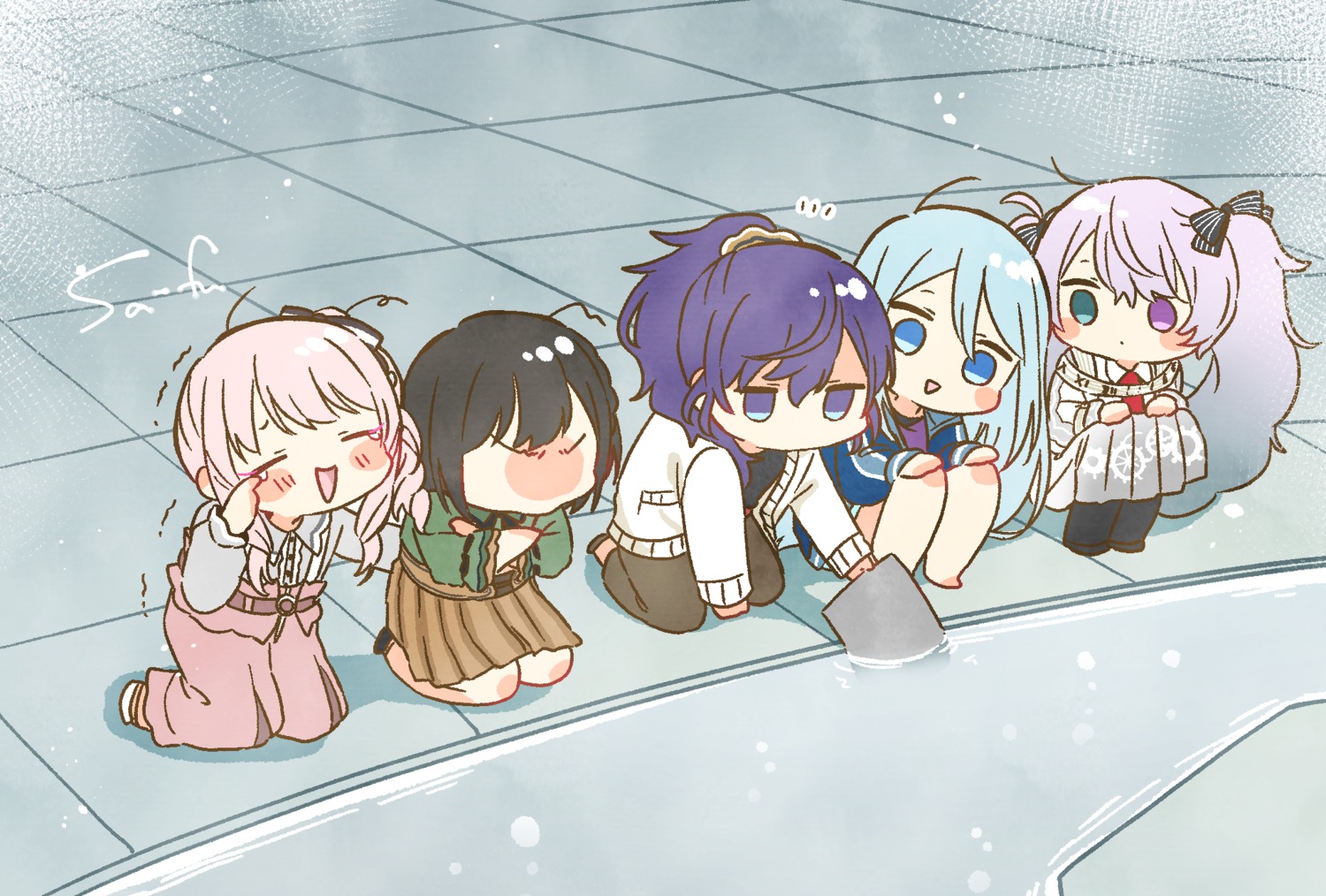 akiyama_mizuki asahina_mafuyu chibi gym_uniform hatsune_miku heterochromia project_sekai sa-fu shinonome_ena sweater trap vocaloid yoisaki_kanade