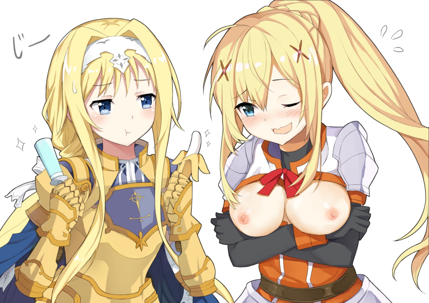 alice_zuberg armor breast_hold breasts crossover dustiness_ford_raratina feng_mao_mc kono_subarashii_sekai_ni_shukufuku_wo! nipples no_bra sword_art_online sword_art_online_alicization