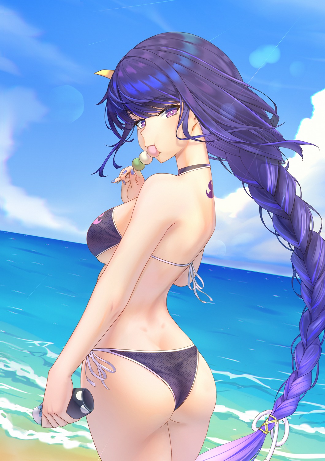 ass bikini dd_che_shen genshin_impact raiden_shogun swimsuits tattoo thong