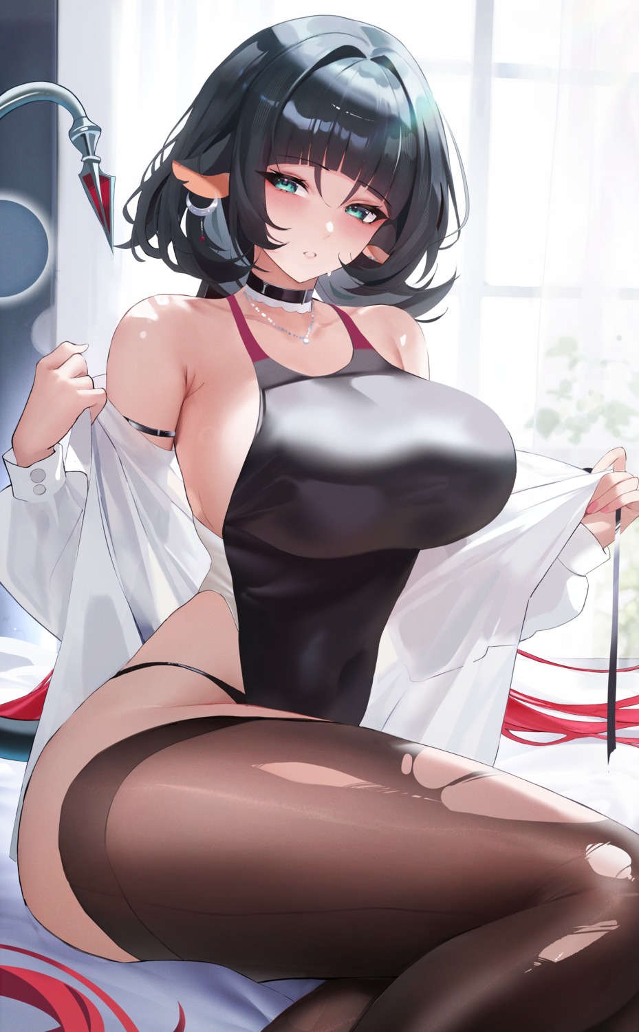 animal_ears dress_shirt fantongjun jane_doe see_through swimsuits tail thighhighs torn_clothes undressing zenless_zone_zero