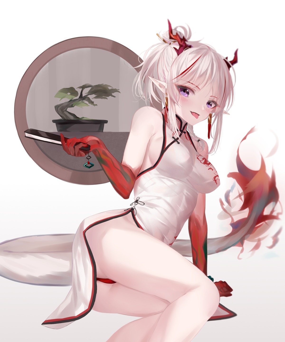 arknights chinadress horns nian_(arknights) no_bra pantsu pointy_ears shokuyou_koori skirt_lift tail thong