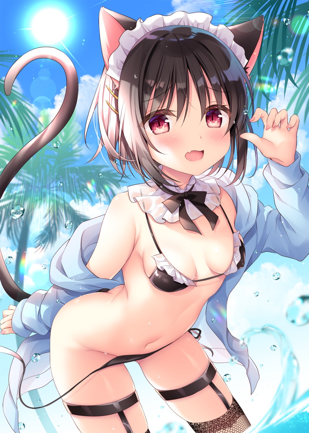 animal_ears bikini fishnets garter kiginu_yuu maid nekomimi open_shirt panty_pull shikitani_asuka stockings swimsuits tail thighhighs wardrobe_malfunction wet