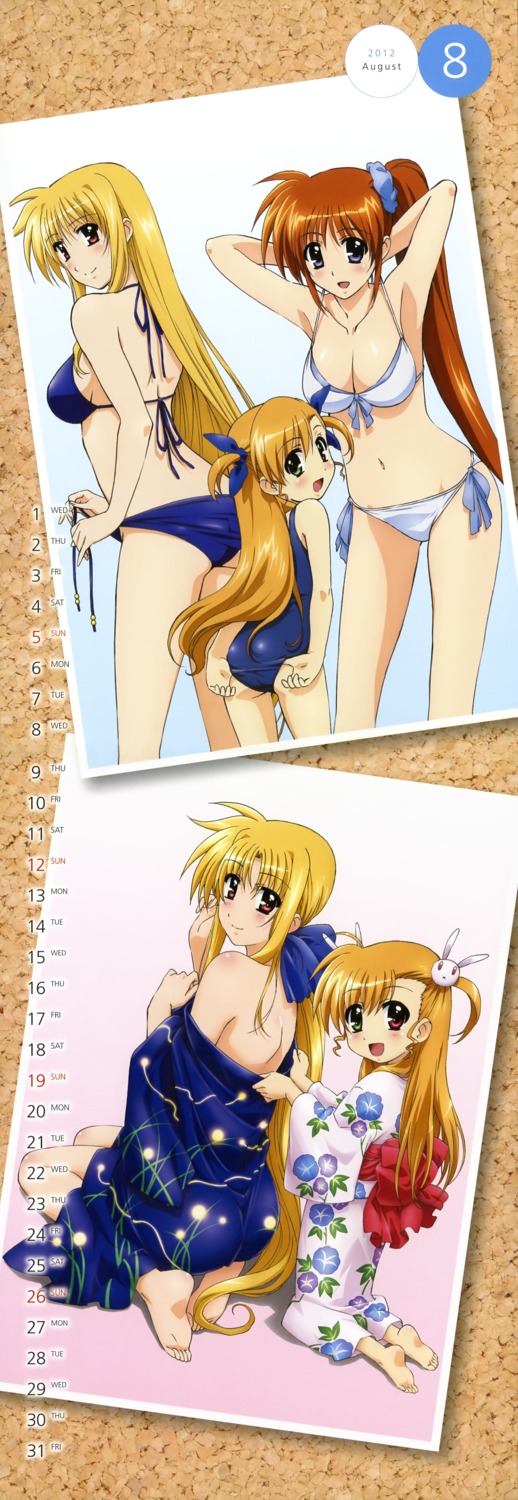 bikini calendar fate_testarossa feet kimono mahou_shoujo_lyrical_nanoha mahou_shoujo_lyrical_nanoha_vivid school_swimsuit stick_poster swimsuits takamachi_nanoha undressing vivio