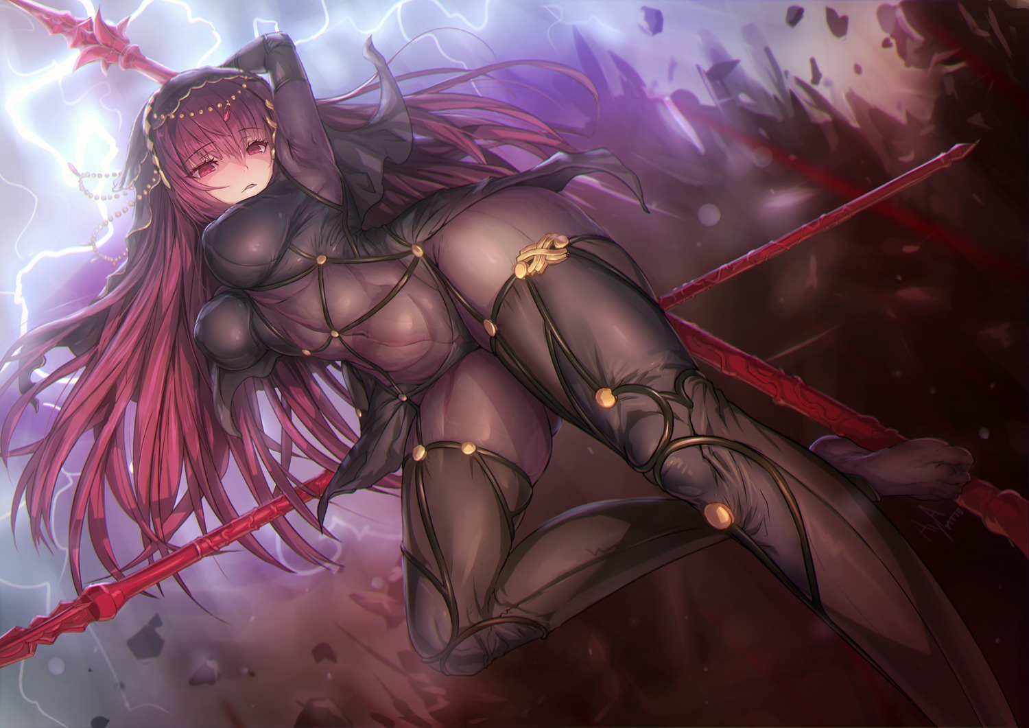 aya_shobon bodysuit fate/grand_order scathach_(fate/grand_order) weapon