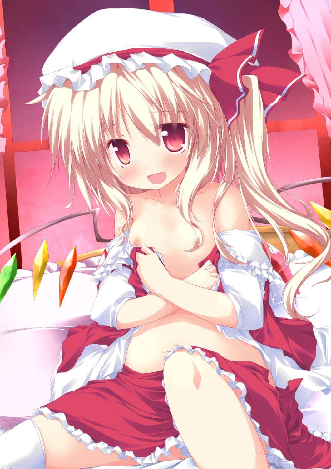 flandre_scarlet loli nanpuu nipples no_bra nopan open_shirt thighhighs touhou undressing