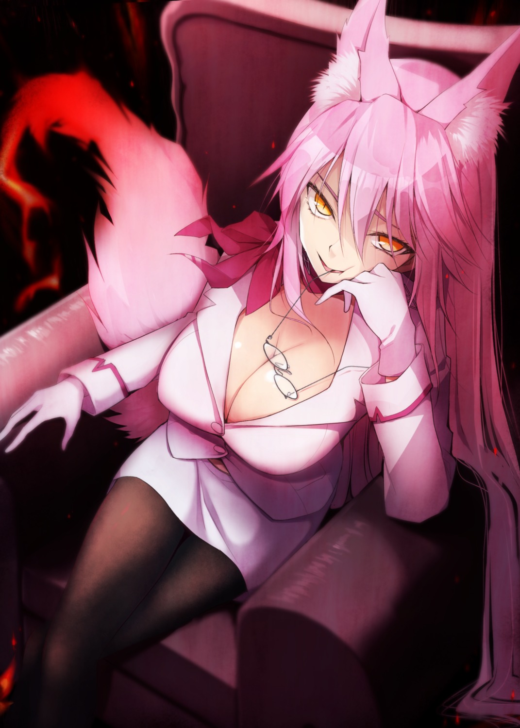 animal_ears business_suit fate/grand_order kitsune kurikara megane no_bra open_shirt pantyhose tail