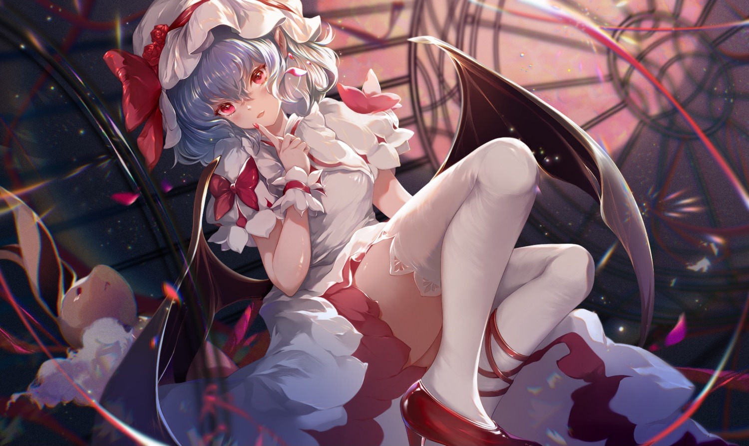 azusa0v0 dress heels pointy_ears remilia_scarlet skirt_lift thighhighs touhou wings