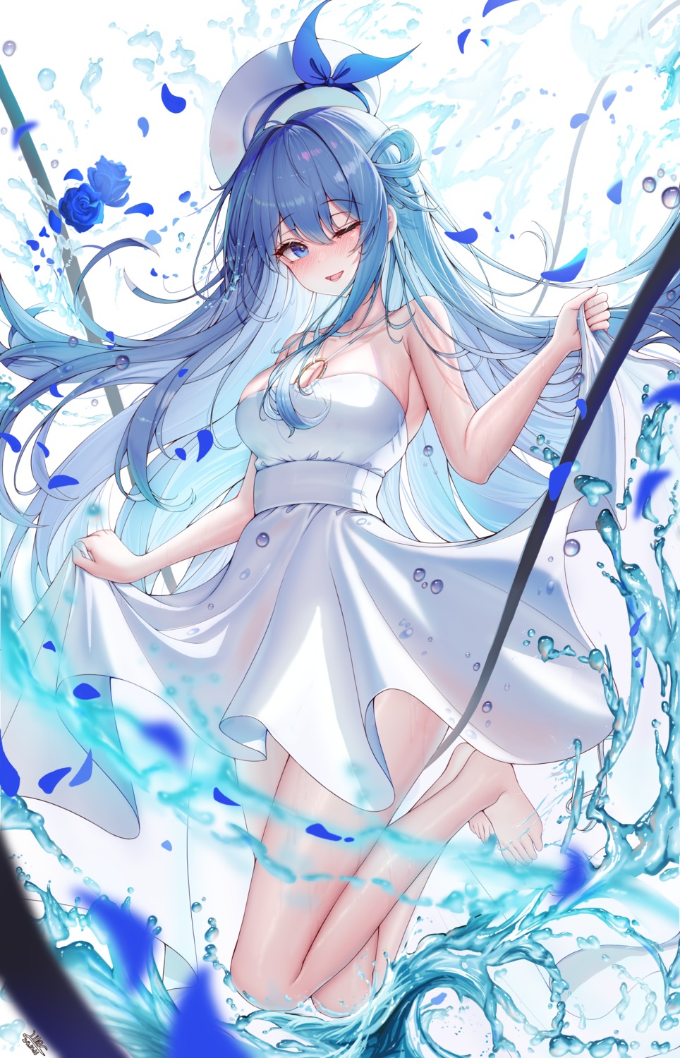 dress lilac_(k32420276) no_bra see_through skirt_lift summer_dress wet