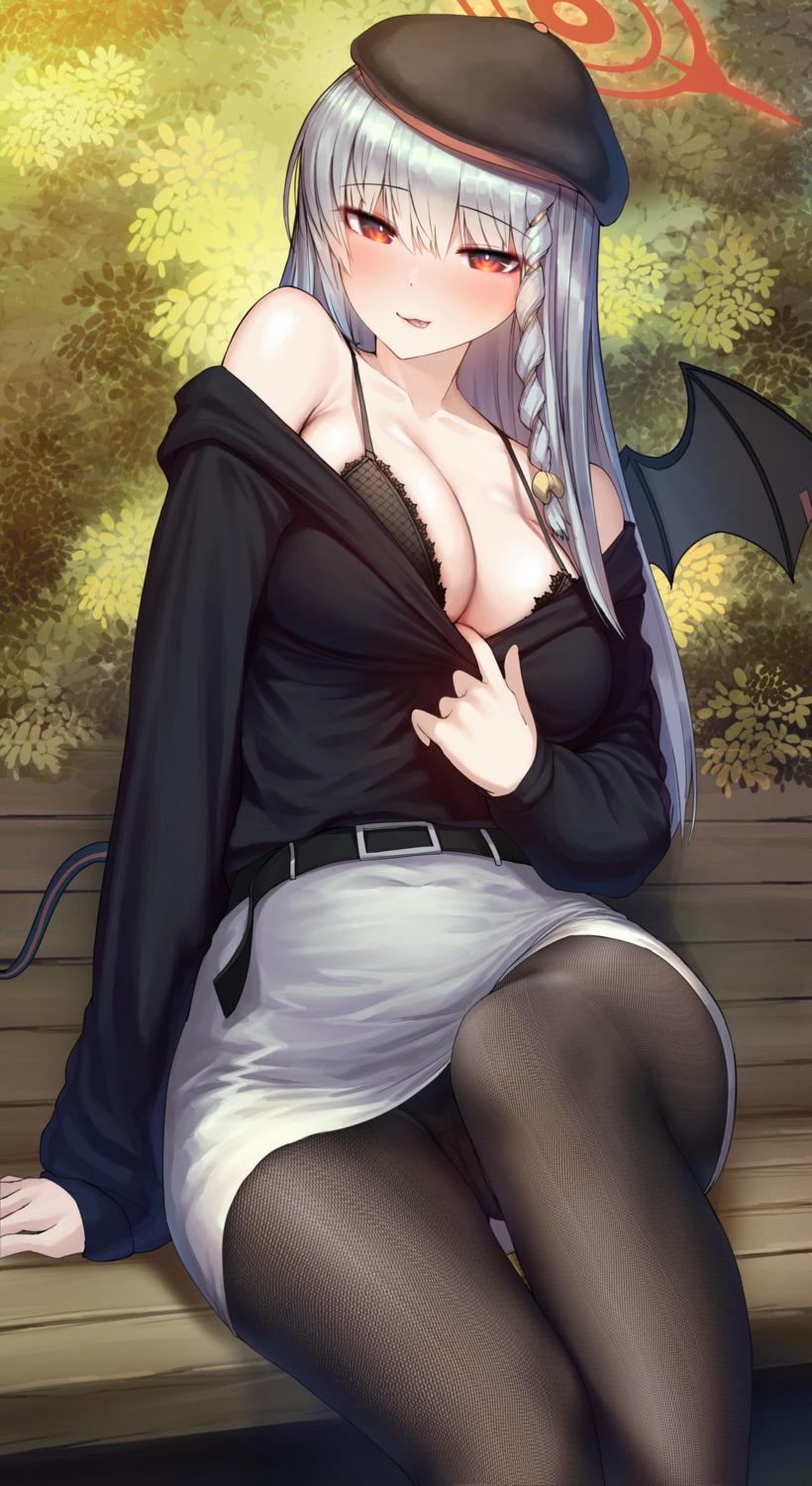 blue_archive bra cameltoe devil halo kagi_f kurodate_haruna open_shirt pantsu pantyhose skirt_lift tail undressing wings