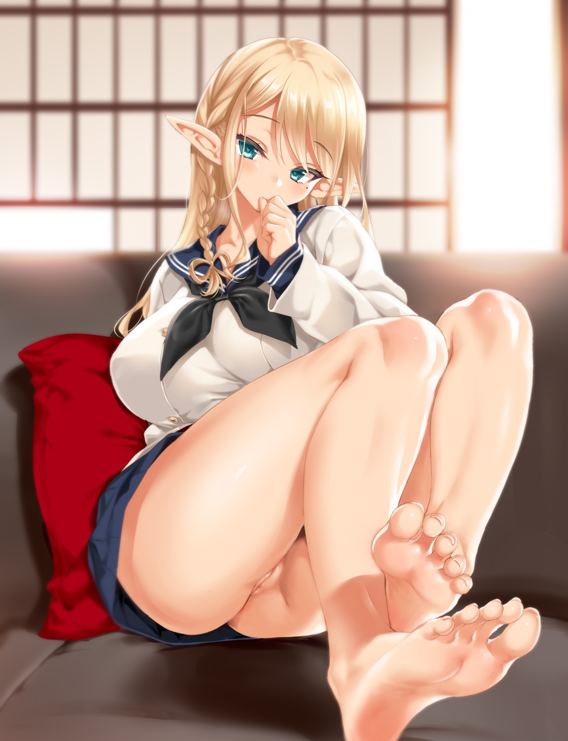 cle_masahiro feet nopan pointy_ears pussy seifuku sweater uncensored